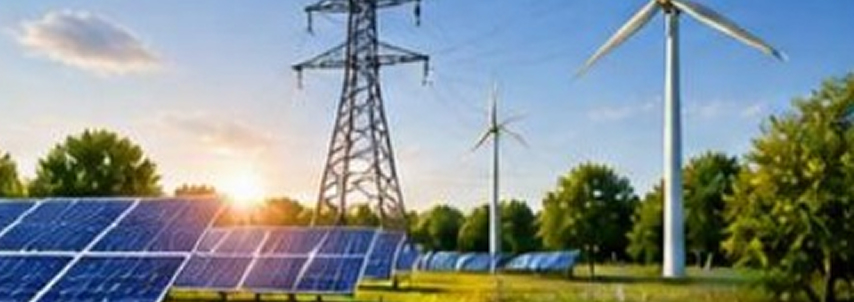 Solar park with wind turbines and pylon