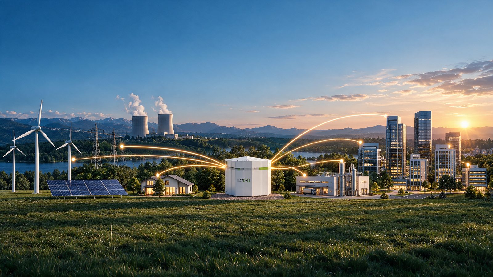 Daycell unit connecting wind, solar, homes, industry and a city