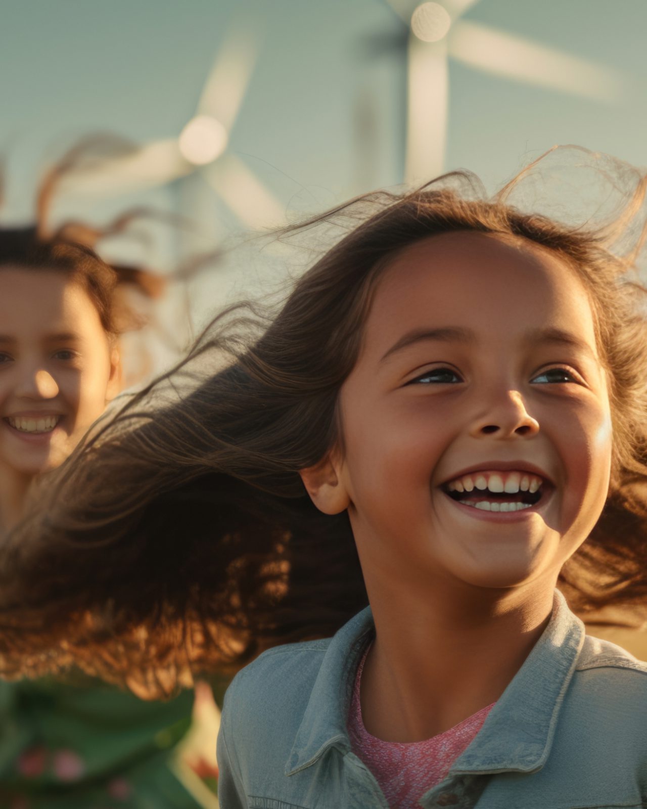 Children running across a field in front of wind turbines