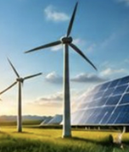 Wind turbines and solar panels in a field